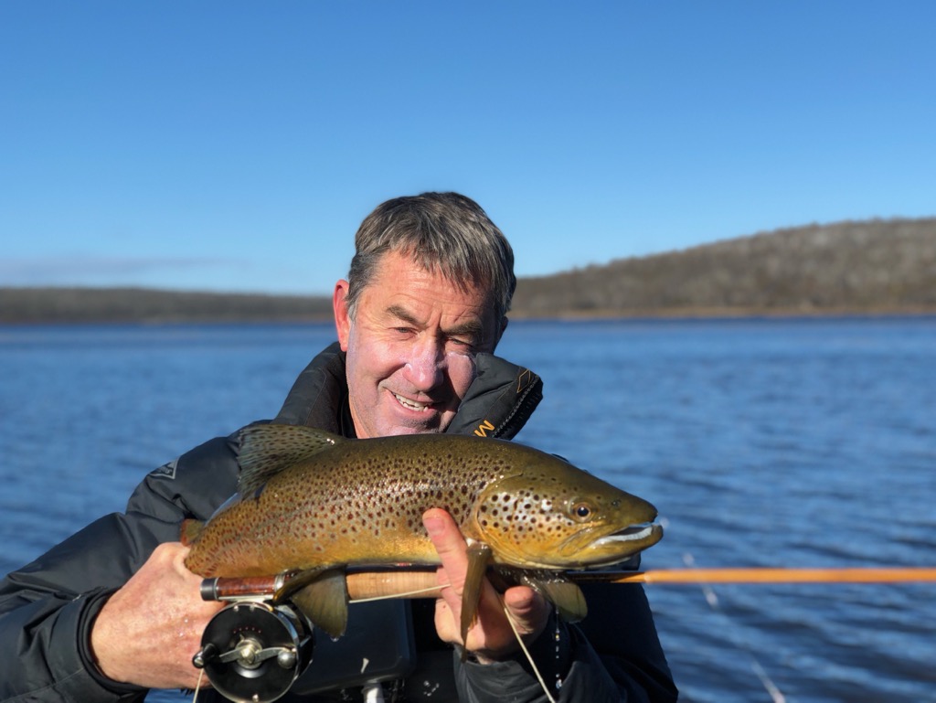 Peter Hayes with a wild Tasmanian brown on his Jeff Wagner bamboo rod.